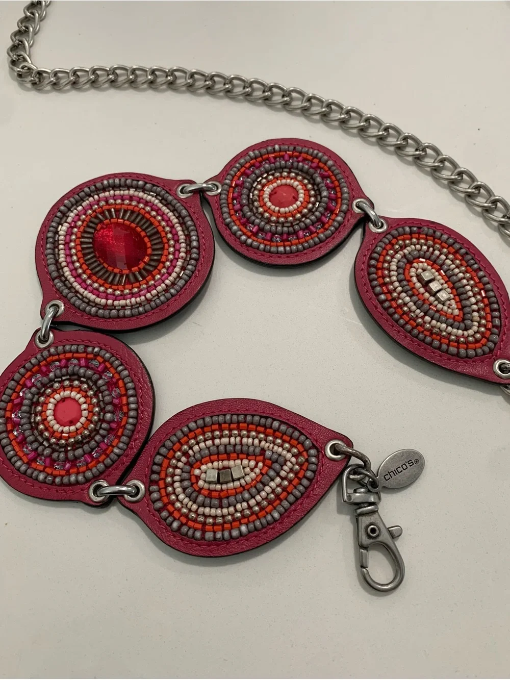 Chico's Ibiza Pink Red Leather Beaded Medallion Silver Tone Chain Belt Boho 50”